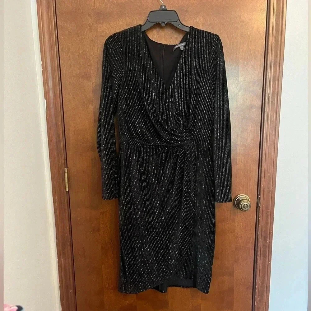 Julia Jordan Dress Velvet Long Sleeve Black Silver Sparkle Faux Wrap Size 6